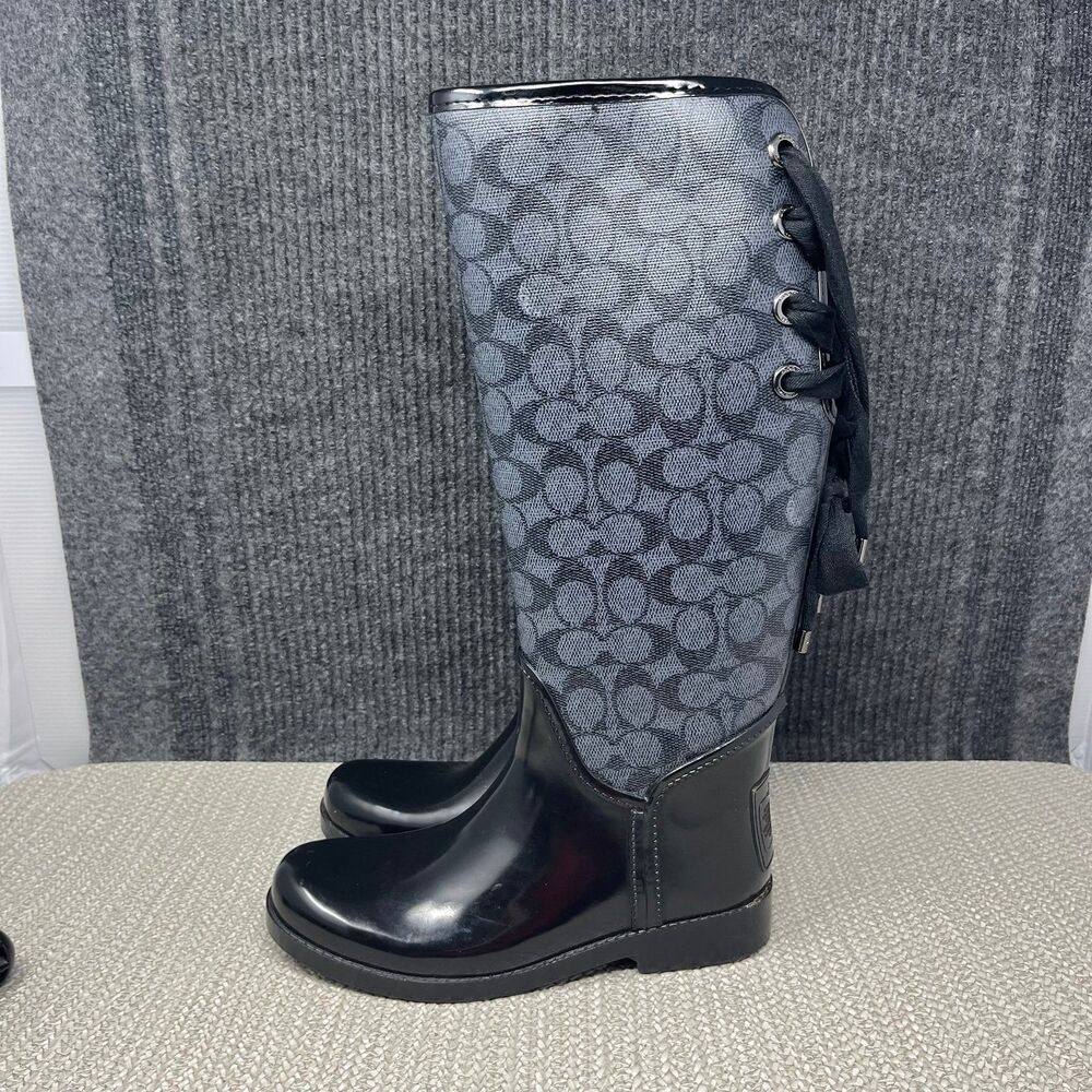 Coach Tristee Tall Rain Boots Rubber Black Signature Print Logo Women’s 7 B - Picture 4 of 9